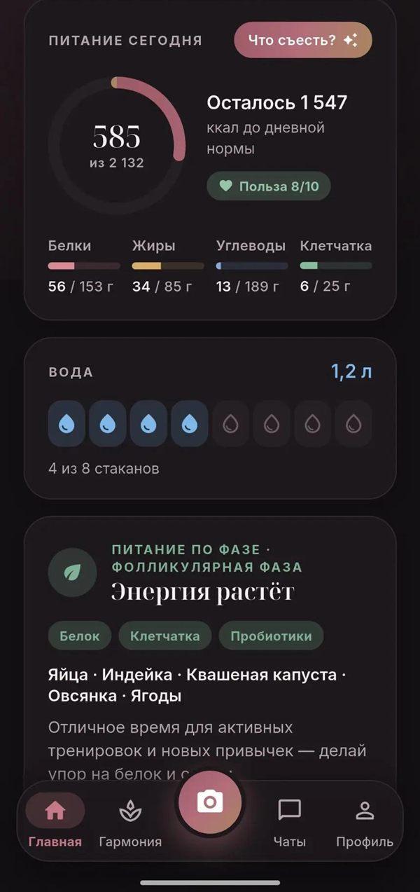 Главный экран: 585 из 2 132 ккал, белки, жиры, углеводы и клетчатка за день, вода 1,2 л